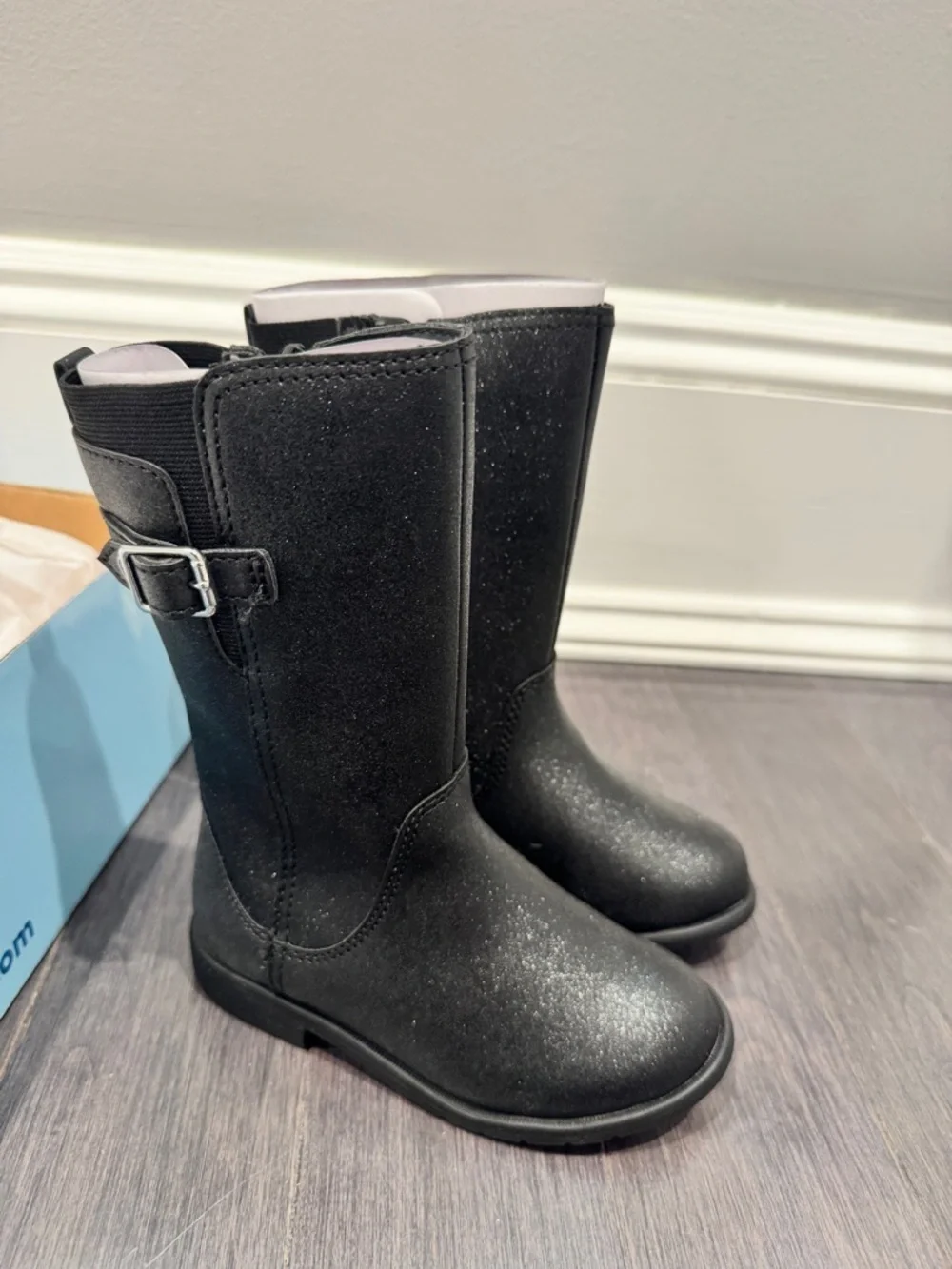 NWT Stride Rite Toddler 7W Girls' Black Sparkle Mid-Calf Buckle Boots Shoes
